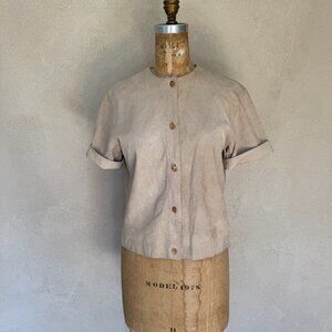 Vintage 1990's Calvin Klein Suede Button Down Short Sleeve Shirt Jacket - Size 2
